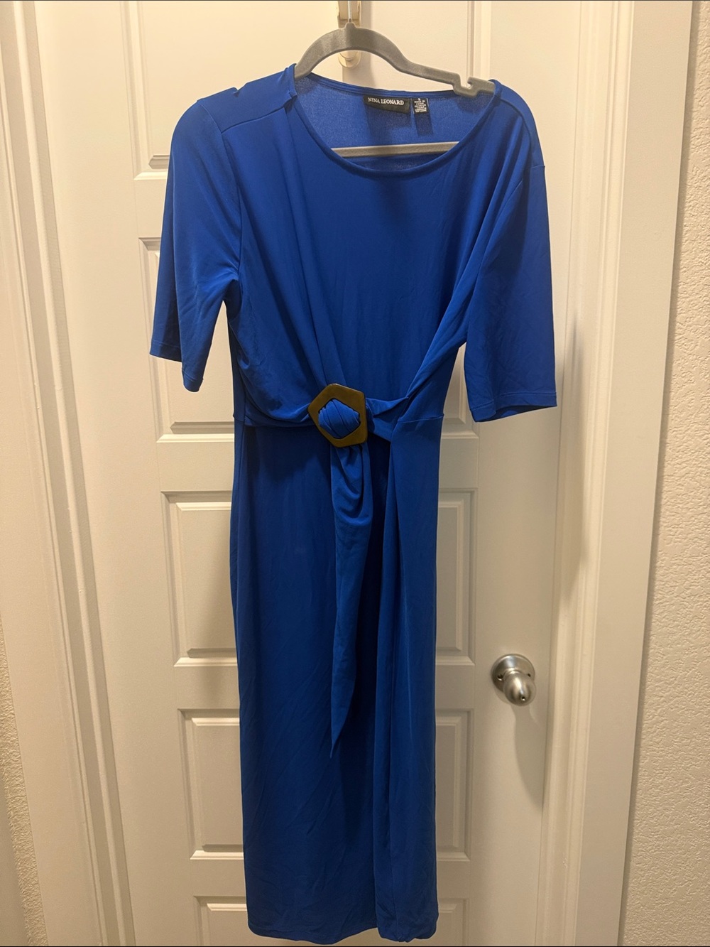 Nina Leonard Royal Blue Midi Dress with Decorative Buckle
